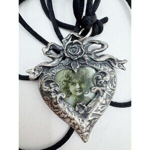 Vintage Silver tone Picture Frame Victorian Heart Necklace with Silky Rope